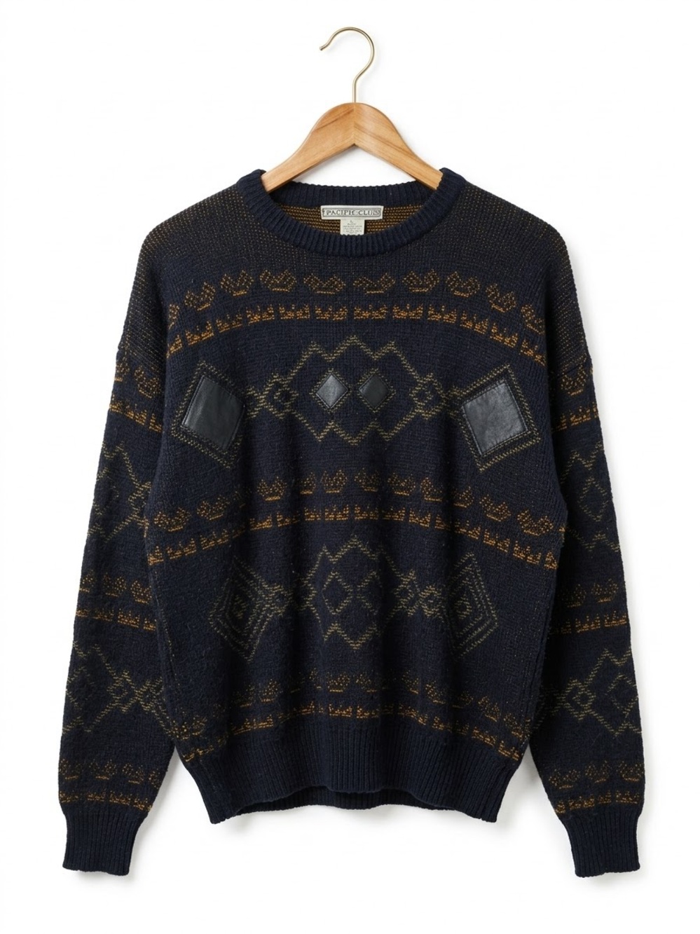 Vintage Pacific Club Leather Patch Sweater L Geometric Aztec Grandpacore
